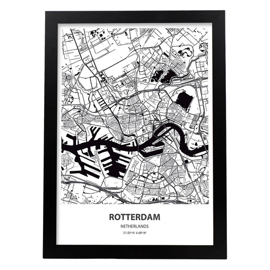 Poster con mapa de Rotterdam - Holanda. Láminas de ciudades de Holanda y Bélgica con mares y ríos en color negro.-Artwork-Nacnic-A4-Marco Negro-Nacnic Estudio SL