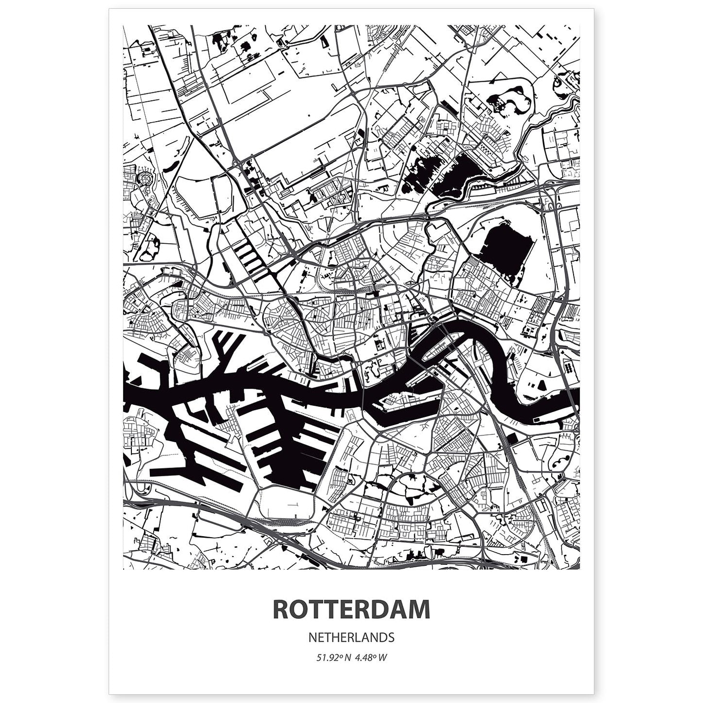 Poster con mapa de Rotterdam - Holanda. Láminas de ciudades de Holanda y Bélgica con mares y ríos en color negro.-Artwork-Nacnic-A4-Sin marco-Nacnic Estudio SL
