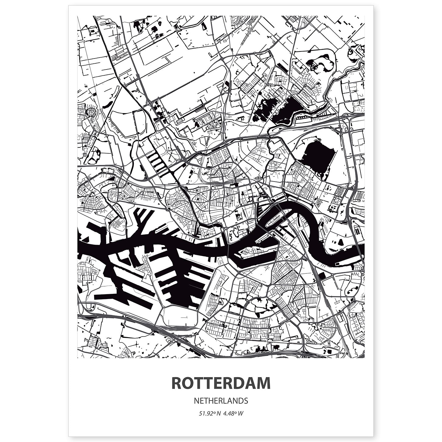 Poster con mapa de Rotterdam - Holanda. Láminas de ciudades de Holanda y Bélgica con mares y ríos en color negro.-Artwork-Nacnic-A4-Sin marco-Nacnic Estudio SL