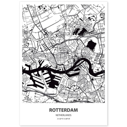 Poster con mapa de Rotterdam - Holanda. Láminas de ciudades de Holanda y Bélgica con mares y ríos en color negro.-Artwork-Nacnic-A4-Sin marco-Nacnic Estudio SL