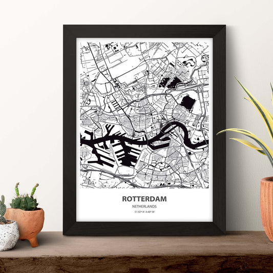 Poster con mapa de Rotterdam - Holanda. Láminas de ciudades de Holanda y Bélgica con mares y ríos en color negro.-Artwork-Nacnic-Nacnic Estudio SL
