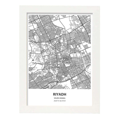 Poster con mapa de Ryadh - Arabia Saudi. Láminas de ciudades de Oriente Medio con mares y ríos en color negro.-Artwork-Nacnic-A4-Marco Blanco-Nacnic Estudio SL