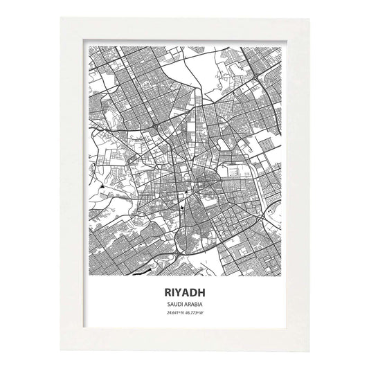 Poster con mapa de Ryadh - Arabia Saudi. Láminas de ciudades de Oriente Medio con mares y ríos en color negro.-Artwork-Nacnic-A4-Marco Blanco-Nacnic Estudio SL