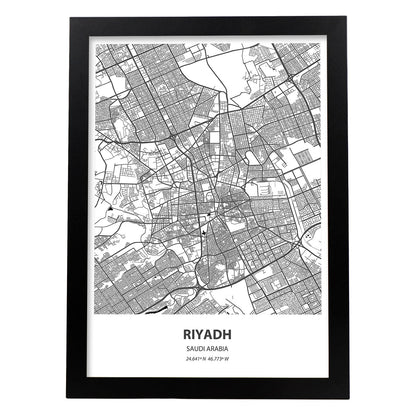 Poster con mapa de Ryadh - Arabia Saudi. Láminas de ciudades de Oriente Medio con mares y ríos en color negro.-Artwork-Nacnic-A4-Marco Negro-Nacnic Estudio SL