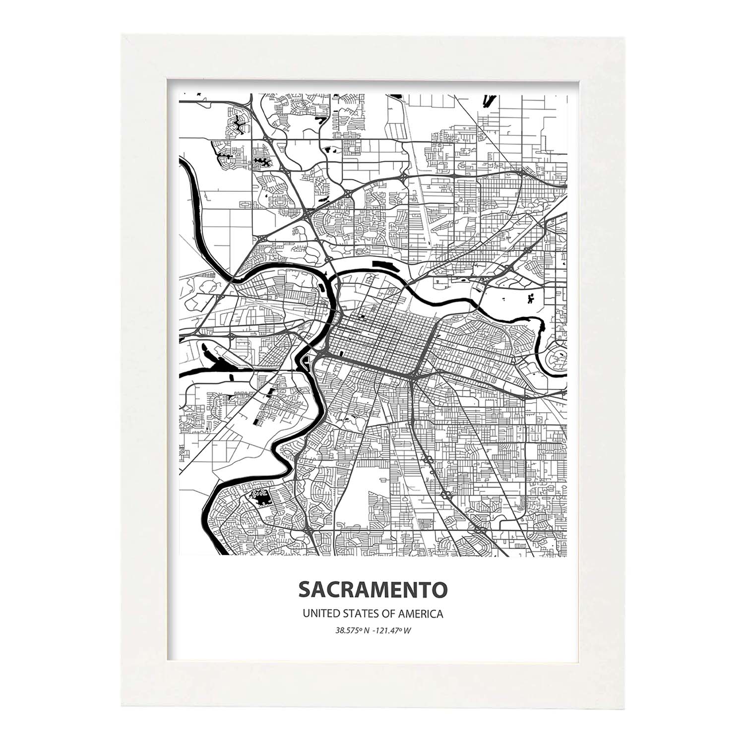 Poster con mapa de Sacramento - USA. Láminas de ciudades de Estados Unidos con mares y ríos en color negro.-Artwork-Nacnic-A3-Marco Blanco-Nacnic Estudio SL