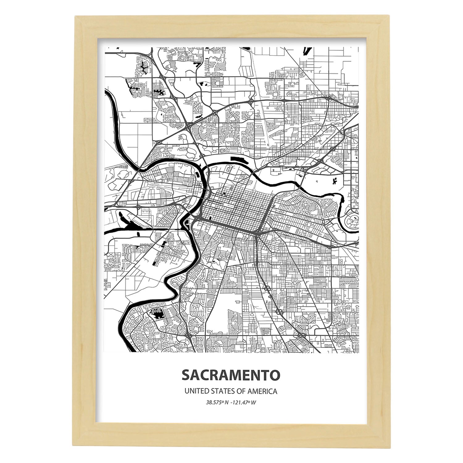 Poster con mapa de Sacramento - USA. Láminas de ciudades de Estados Unidos con mares y ríos en color negro.-Artwork-Nacnic-A3-Marco Madera clara-Nacnic Estudio SL