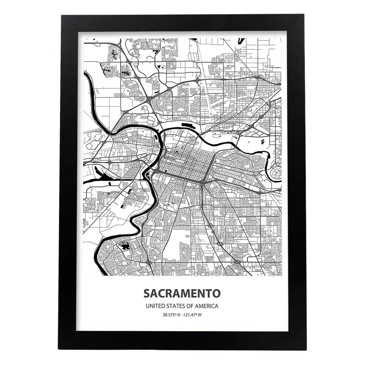 Poster con mapa de Sacramento - USA. Láminas de ciudades de Estados Unidos con mares y ríos en color negro.-Artwork-Nacnic-A3-Marco Negro-Nacnic Estudio SL