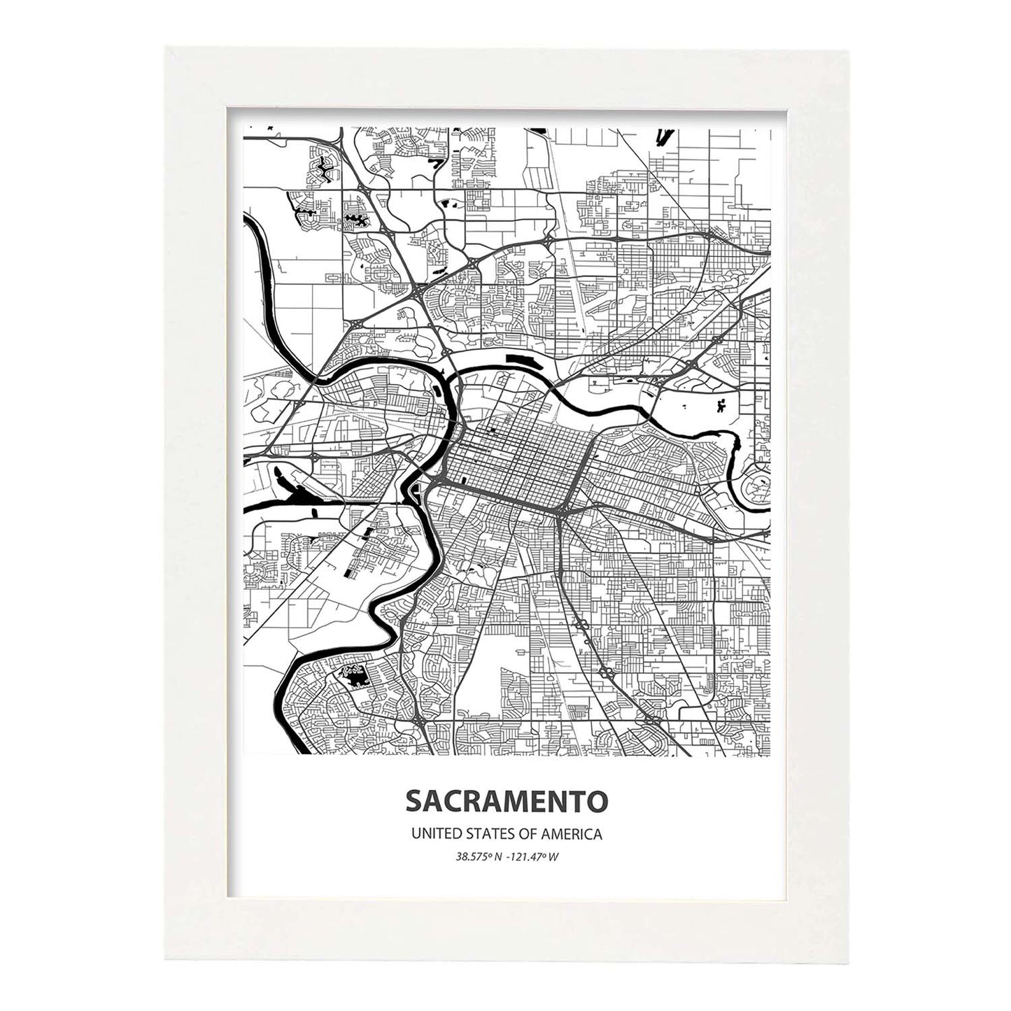 Poster con mapa de Sacramento - USA. Láminas de ciudades de Estados Unidos con mares y ríos en color negro.-Artwork-Nacnic-A4-Marco Blanco-Nacnic Estudio SL