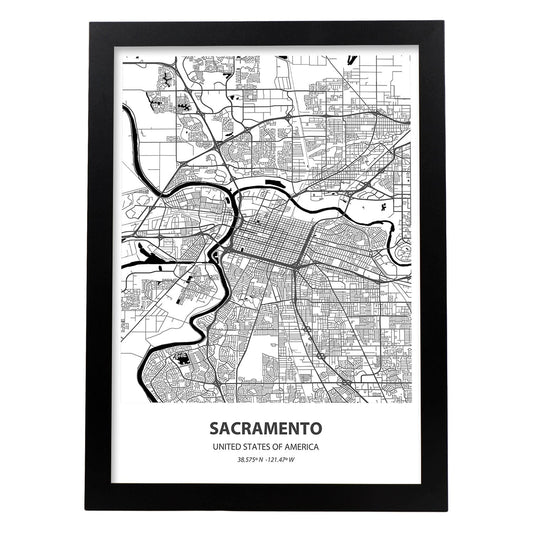 Poster con mapa de Sacramento - USA. Láminas de ciudades de Estados Unidos con mares y ríos en color negro.-Artwork-Nacnic-A4-Marco Negro-Nacnic Estudio SL