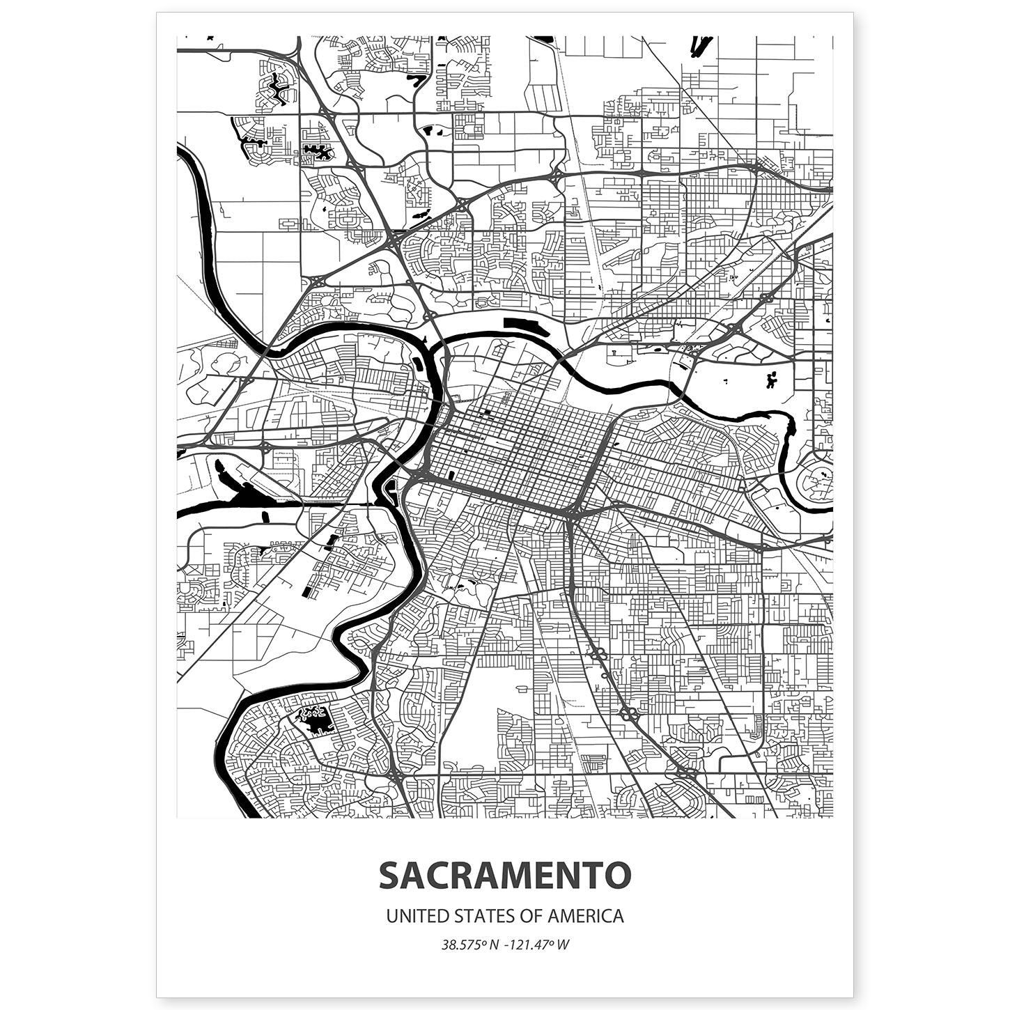 Poster con mapa de Sacramento - USA. Láminas de ciudades de Estados Unidos con mares y ríos en color negro.-Artwork-Nacnic-A4-Sin marco-Nacnic Estudio SL