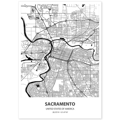 Poster con mapa de Sacramento - USA. Láminas de ciudades de Estados Unidos con mares y ríos en color negro.-Artwork-Nacnic-A4-Sin marco-Nacnic Estudio SL