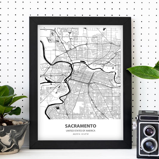 Poster con mapa de Sacramento - USA. Láminas de ciudades de Estados Unidos con mares y ríos en color negro.-Artwork-Nacnic-Nacnic Estudio SL
