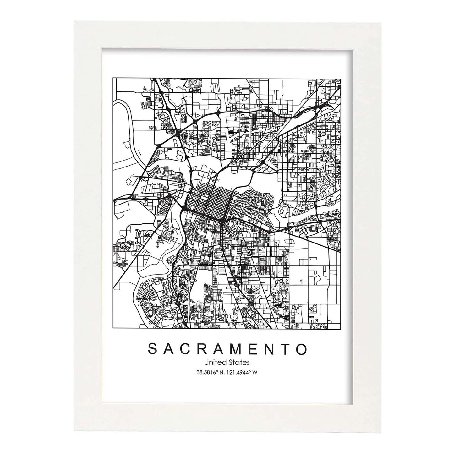 Poster con mapa de Sacramento. Lámina de Estados Unidos, con imágenes de mapas y carreteras-Artwork-Nacnic-A3-Marco Blanco-Nacnic Estudio SL