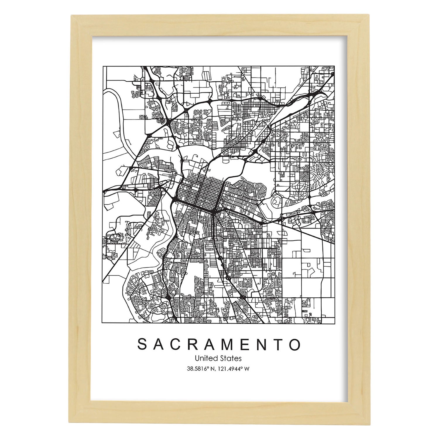 Poster con mapa de Sacramento. Lámina de Estados Unidos, con imágenes de mapas y carreteras-Artwork-Nacnic-A3-Marco Madera clara-Nacnic Estudio SL