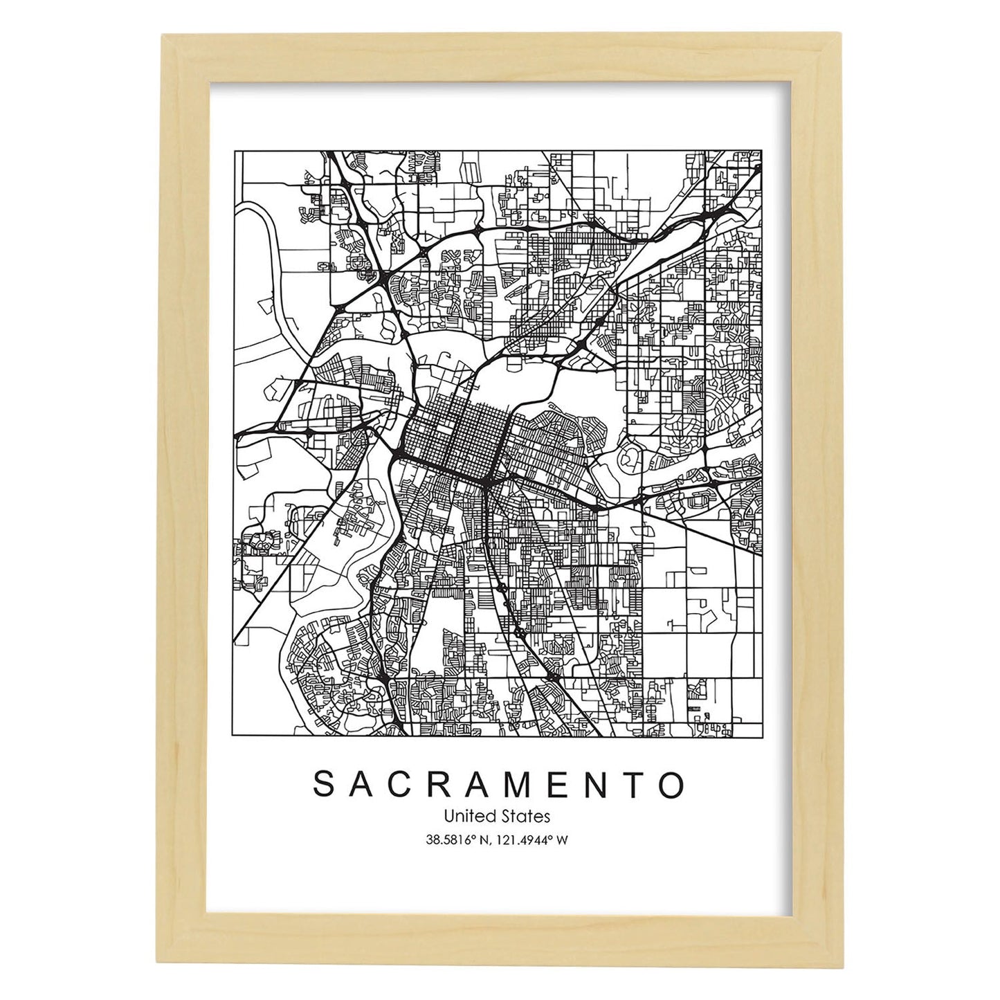 Poster con mapa de Sacramento. Lámina de Estados Unidos, con imágenes de mapas y carreteras-Artwork-Nacnic-A3-Marco Madera clara-Nacnic Estudio SL