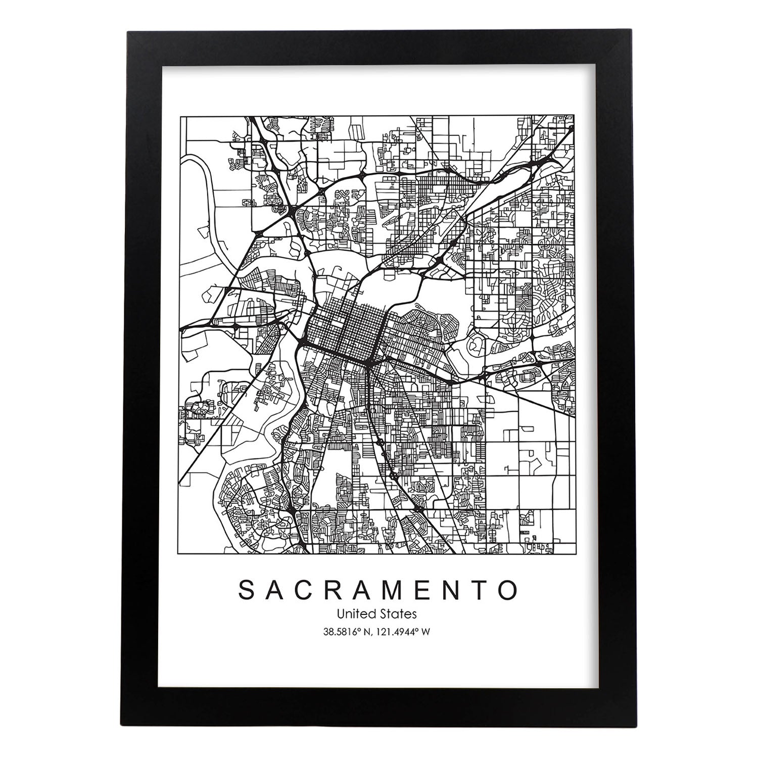 Poster con mapa de Sacramento. Lámina de Estados Unidos, con imágenes de mapas y carreteras-Artwork-Nacnic-A3-Marco Negro-Nacnic Estudio SL
