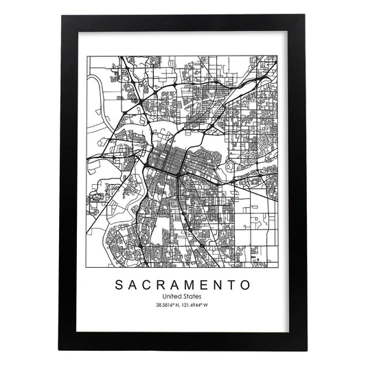 Poster con mapa de Sacramento. Lámina de Estados Unidos, con imágenes de mapas y carreteras-Artwork-Nacnic-A4-Marco Negro-Nacnic Estudio SL