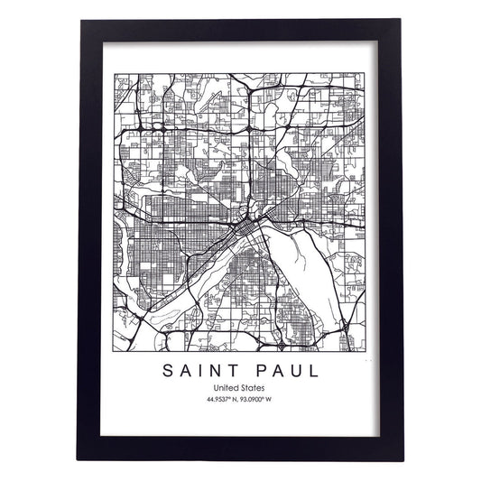 Poster con mapa de Saint Paul. Lámina de Estados Unidos, con imágenes de mapas y carreteras-Artwork-Nacnic-A4-Marco Negro-Nacnic Estudio SL