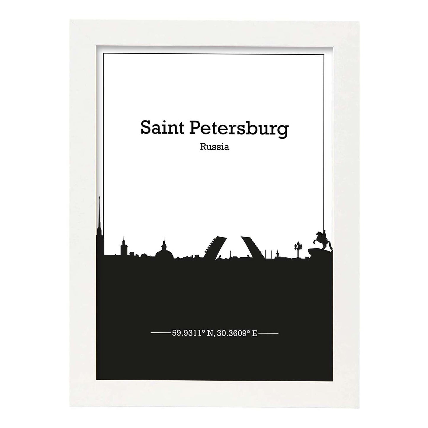 Poster con mapa de Saintpetersburg - Rusia. Láminas con Skyline de ciudades de Asia, Australia, y Oriente Medio con sombra negra.-Artwork-Nacnic-A3-Marco Blanco-Nacnic Estudio SL
