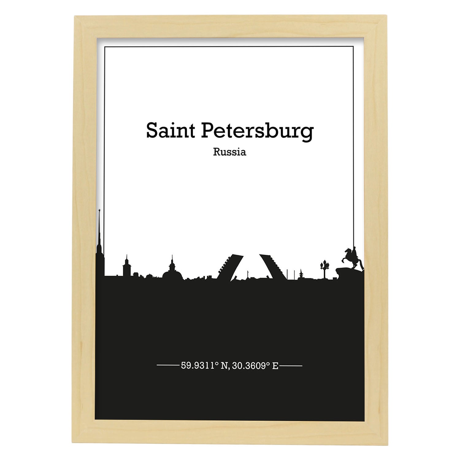 Poster con mapa de Saintpetersburg - Rusia. Láminas con Skyline de ciudades de Asia, Australia, y Oriente Medio con sombra negra.-Artwork-Nacnic-A3-Marco Madera clara-Nacnic Estudio SL
