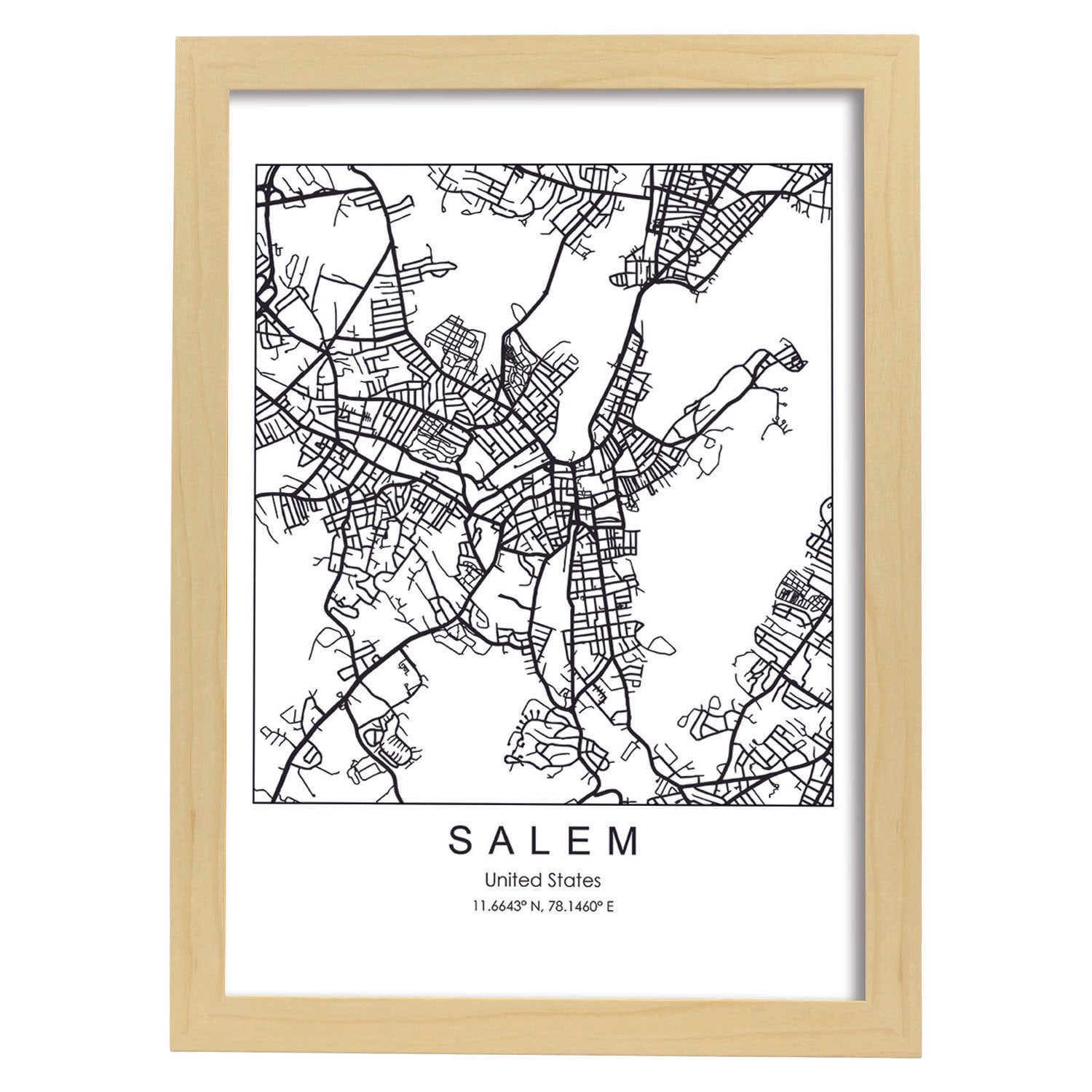 Poster con mapa de Salem. Lámina de Estados Unidos, con imágenes de mapas y carreteras-Artwork-Nacnic-A3-Marco Madera clara-Nacnic Estudio SL