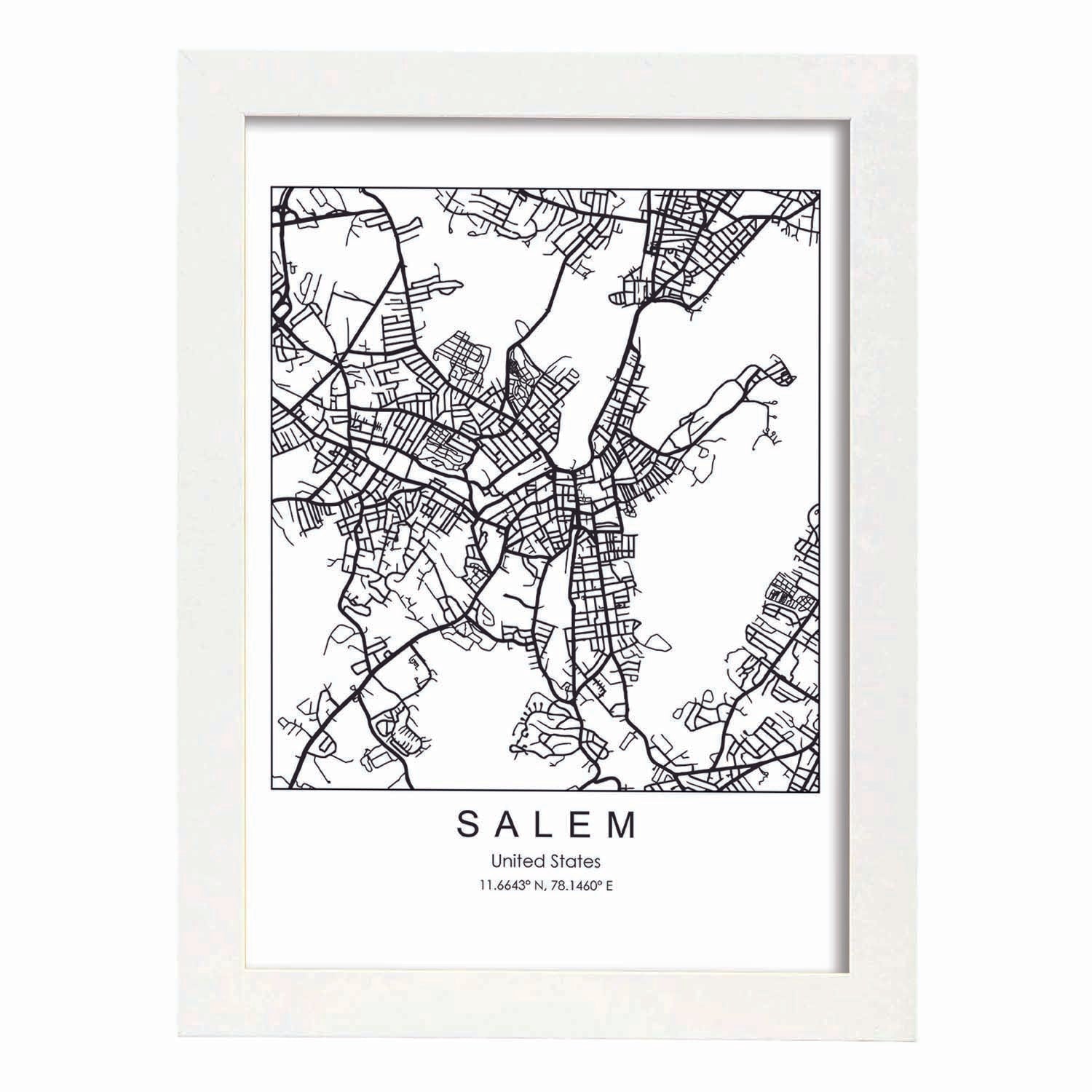 Poster con mapa de Salem. Lámina de Estados Unidos, con imágenes de mapas y carreteras-Artwork-Nacnic-A4-Marco Blanco-Nacnic Estudio SL