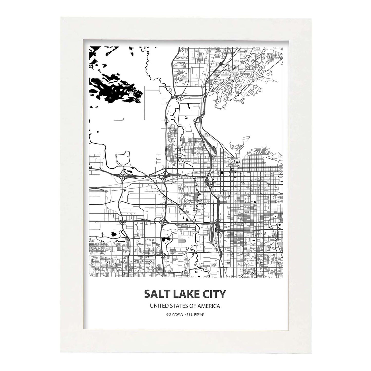 Poster con mapa de Salt Lake City - USA. Láminas de ciudades de Estados Unidos con mares y ríos en color negro.-Artwork-Nacnic-A3-Marco Blanco-Nacnic Estudio SL