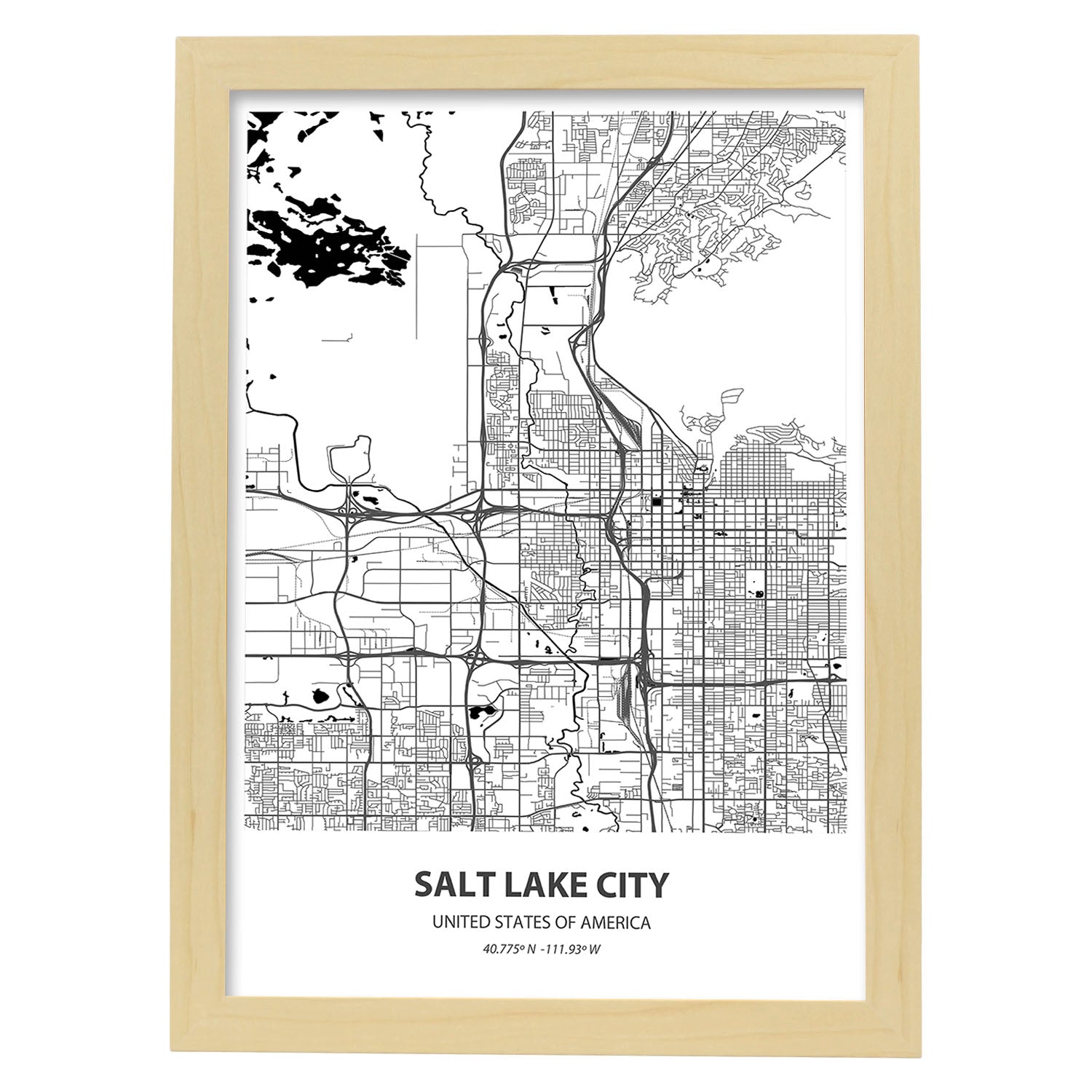 Poster con mapa de Salt Lake City - USA. Láminas de ciudades de Estados Unidos con mares y ríos en color negro.-Artwork-Nacnic-A3-Marco Madera clara-Nacnic Estudio SL