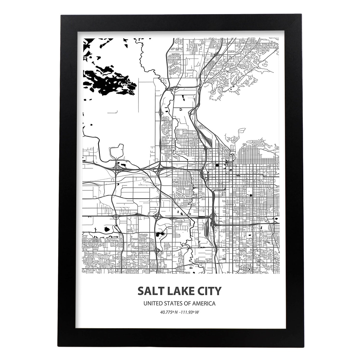 Poster con mapa de Salt Lake City - USA. Láminas de ciudades de Estados Unidos con mares y ríos en color negro.-Artwork-Nacnic-A3-Marco Negro-Nacnic Estudio SL
