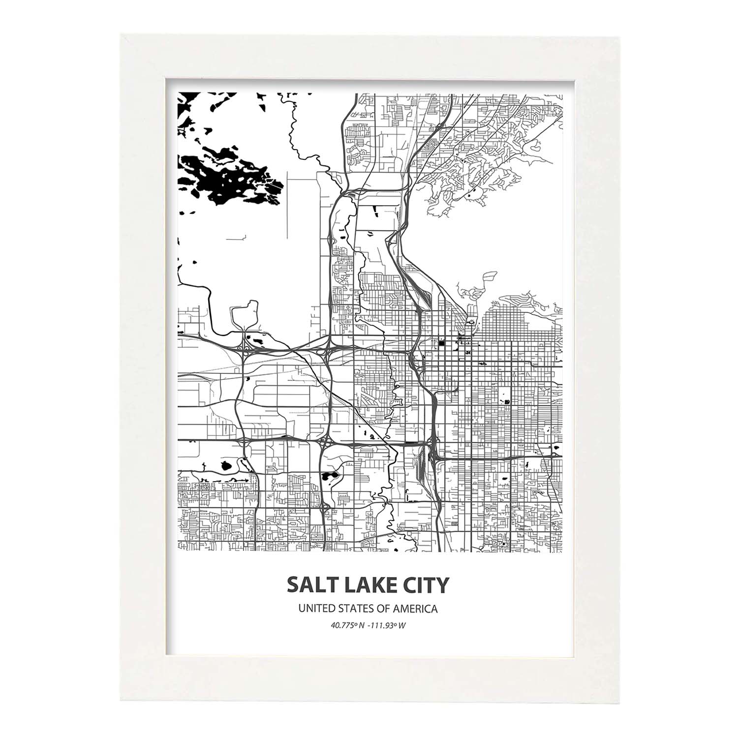 Poster con mapa de Salt Lake City - USA. Láminas de ciudades de Estados Unidos con mares y ríos en color negro.-Artwork-Nacnic-A4-Marco Blanco-Nacnic Estudio SL