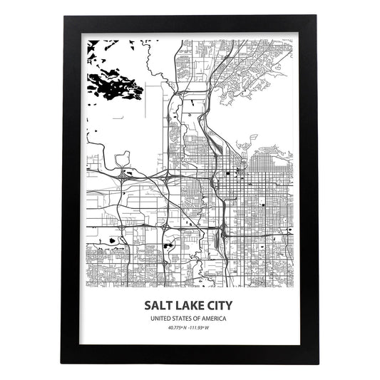 Poster con mapa de Salt Lake City - USA. Láminas de ciudades de Estados Unidos con mares y ríos en color negro.-Artwork-Nacnic-A4-Marco Negro-Nacnic Estudio SL