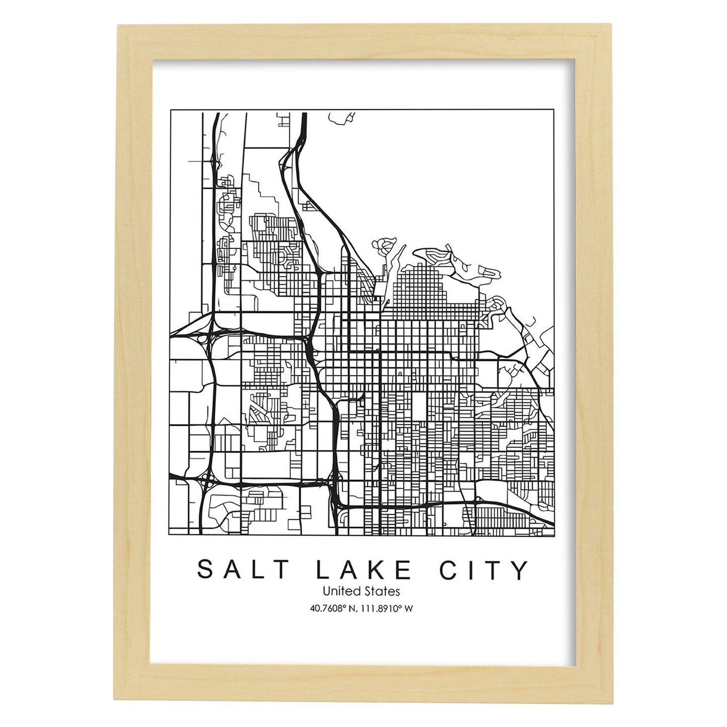 Poster con mapa de Salt Lake. Lámina de Estados Unidos, con imágenes de mapas y carreteras-Artwork-Nacnic-A3-Marco Madera clara-Nacnic Estudio SL