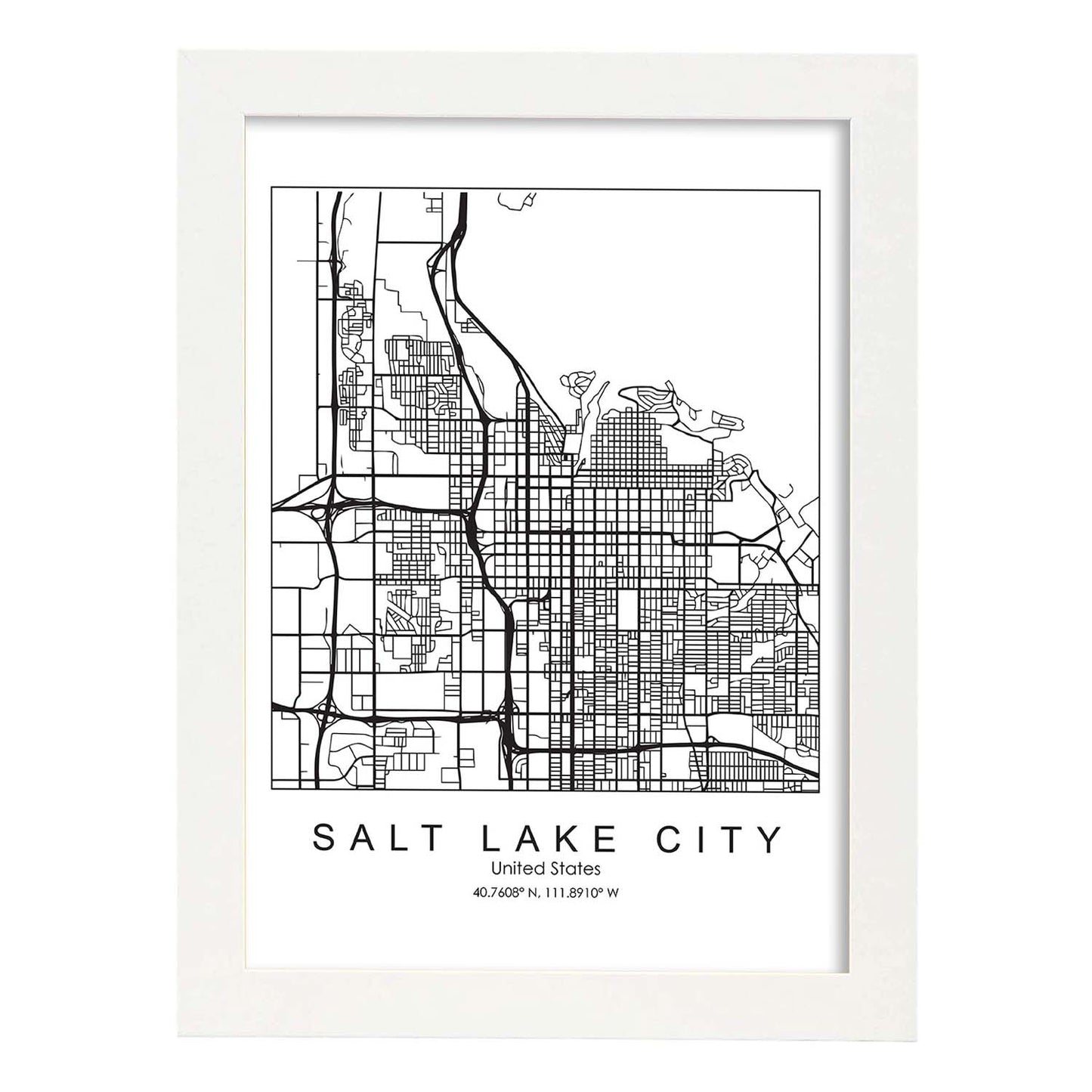 Poster con mapa de Salt Lake. Lámina de Estados Unidos, con imágenes de mapas y carreteras-Artwork-Nacnic-A4-Marco Blanco-Nacnic Estudio SL