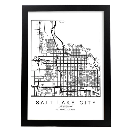 Poster con mapa de Salt Lake. Lámina de Estados Unidos, con imágenes de mapas y carreteras-Artwork-Nacnic-A4-Marco Negro-Nacnic Estudio SL
