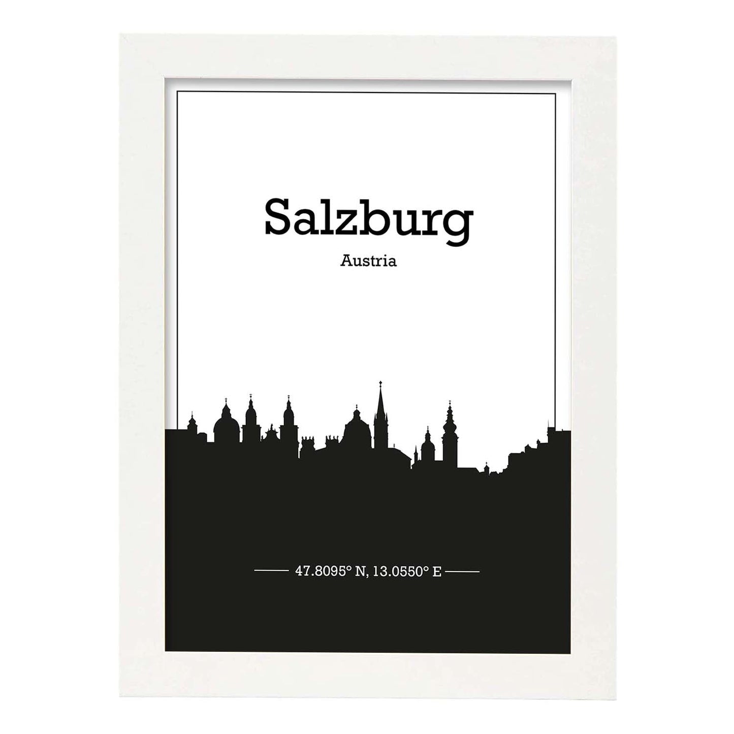 Poster con mapa de Salzburg - Austria. Láminas con Skyline de ciudades de Europa con sombra negra.-Artwork-Nacnic-A3-Marco Blanco-Nacnic Estudio SL