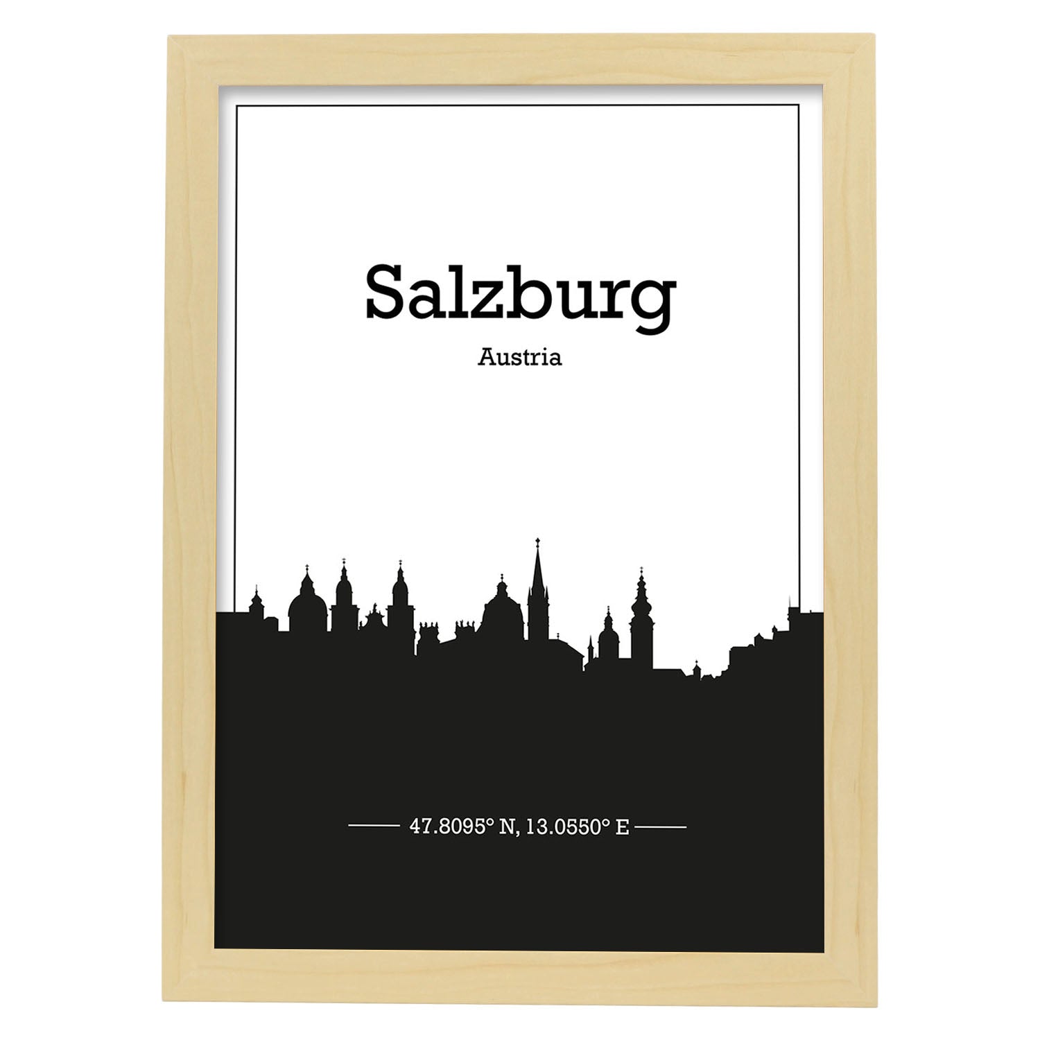 Poster con mapa de Salzburg - Austria. Láminas con Skyline de ciudades de Europa con sombra negra.-Artwork-Nacnic-A3-Marco Madera clara-Nacnic Estudio SL
