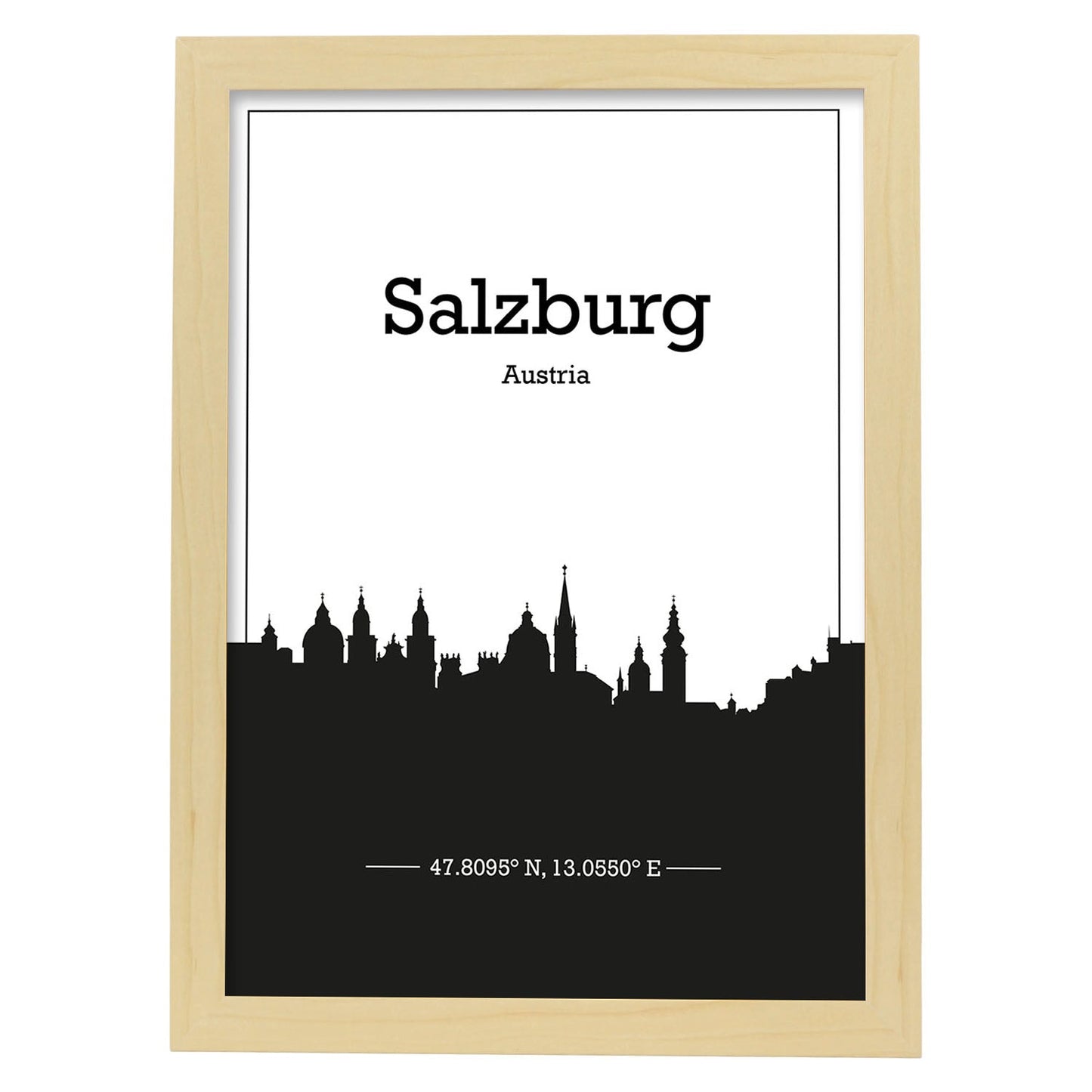 Poster con mapa de Salzburg - Austria. Láminas con Skyline de ciudades de Europa con sombra negra.-Artwork-Nacnic-A4-Marco Madera clara-Nacnic Estudio SL