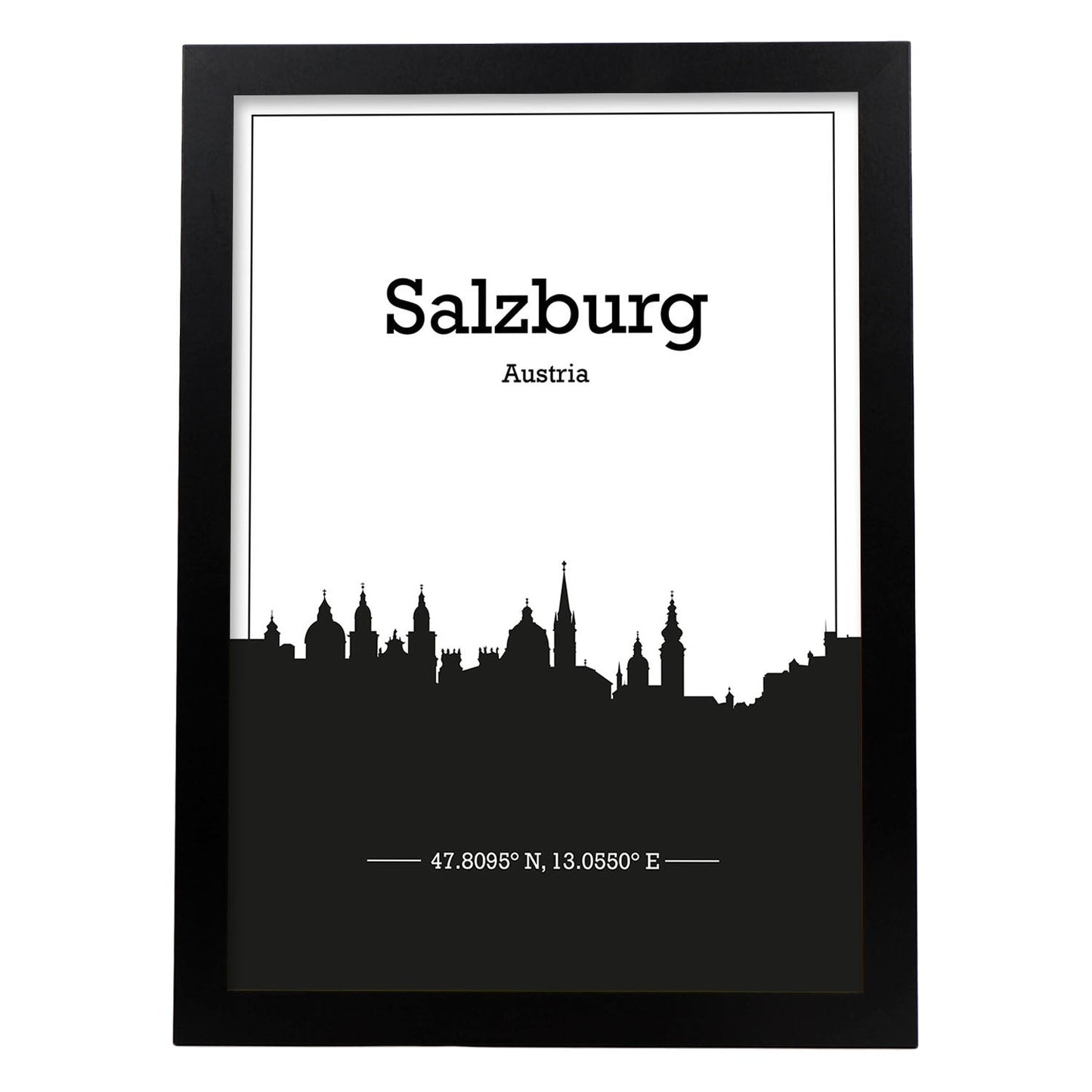 Poster con mapa de Salzburg - Austria. Láminas con Skyline de ciudades de Europa con sombra negra.-Artwork-Nacnic-A4-Marco Negro-Nacnic Estudio SL