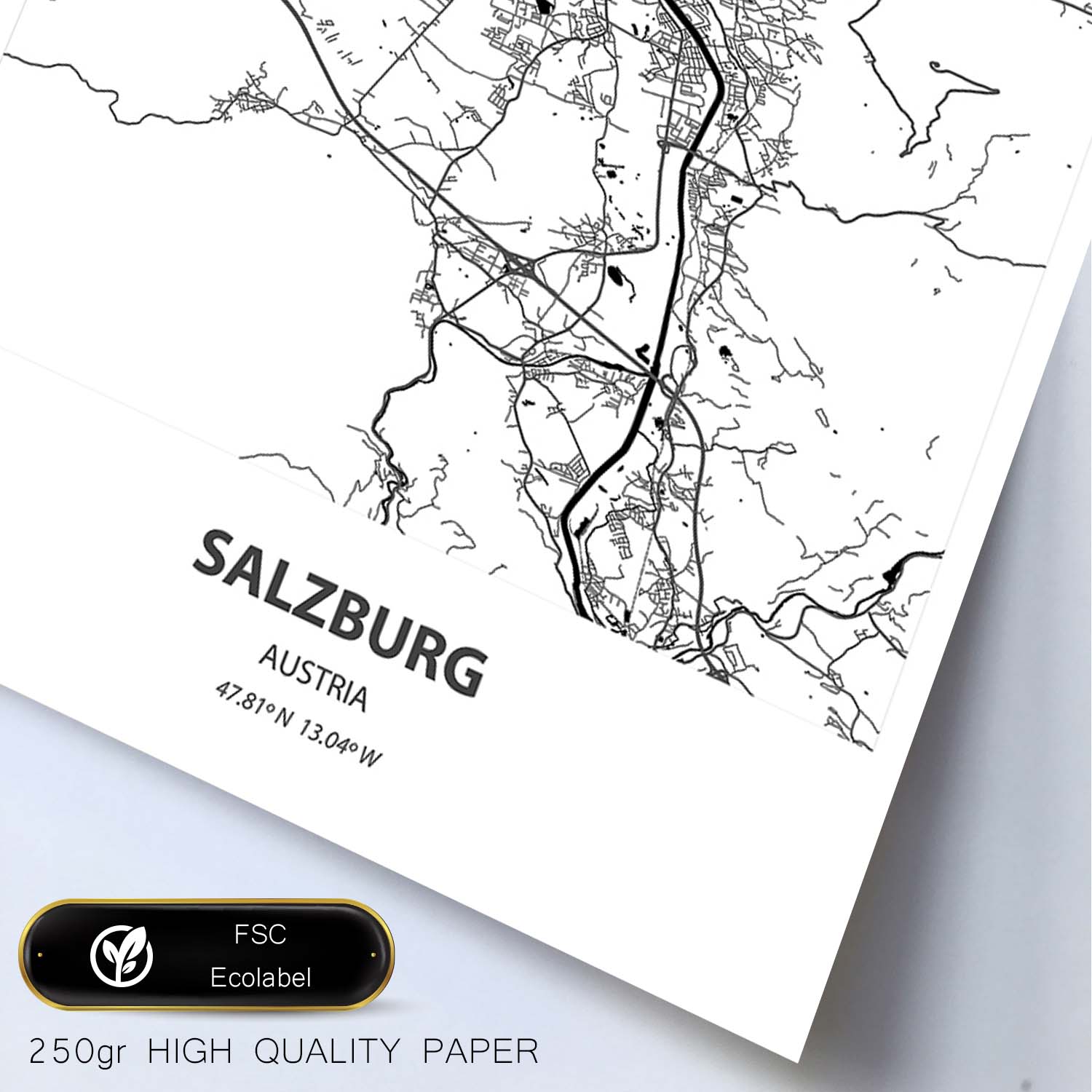 Poster con mapa de Salzburg - Austria. Láminas de ciudades de Europa con mares y ríos en color negro.-Artwork-Nacnic-Nacnic Estudio SL