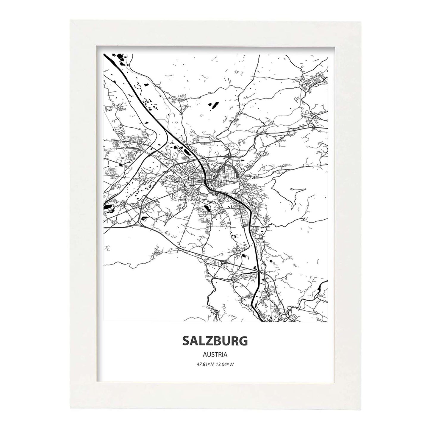 Poster con mapa de Salzburg - Austria. Láminas de ciudades de Europa con mares y ríos en color negro.-Artwork-Nacnic-A3-Marco Blanco-Nacnic Estudio SL