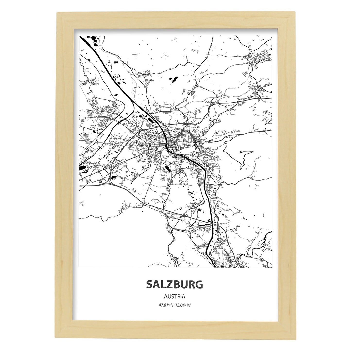 Poster con mapa de Salzburg - Austria. Láminas de ciudades de Europa con mares y ríos en color negro.-Artwork-Nacnic-A3-Marco Madera clara-Nacnic Estudio SL