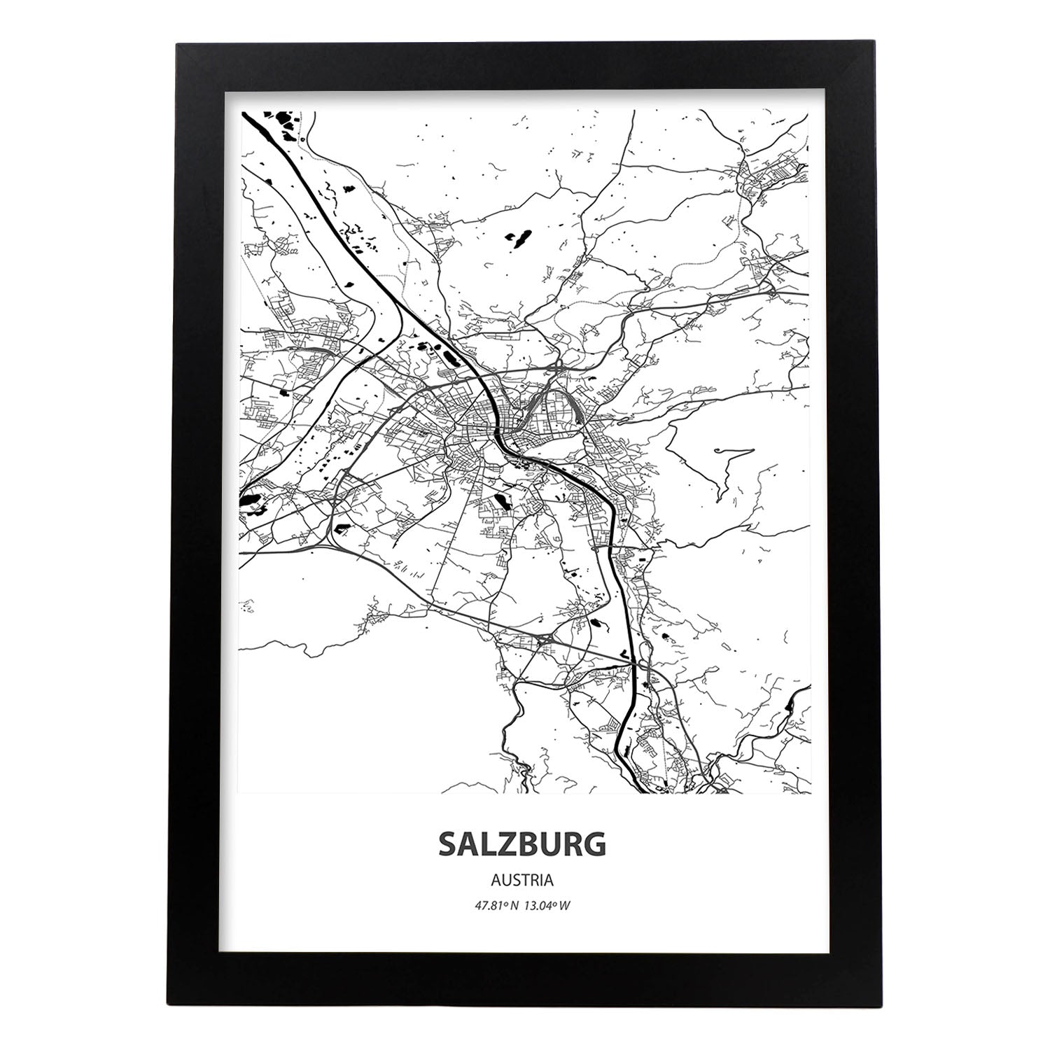 Poster con mapa de Salzburg - Austria. Láminas de ciudades de Europa con mares y ríos en color negro.-Artwork-Nacnic-A3-Marco Negro-Nacnic Estudio SL