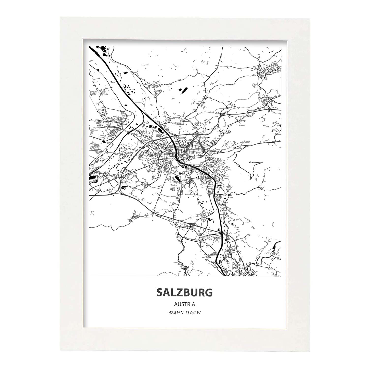Poster con mapa de Salzburg - Austria. Láminas de ciudades de Europa con mares y ríos en color negro.-Artwork-Nacnic-A4-Marco Blanco-Nacnic Estudio SL