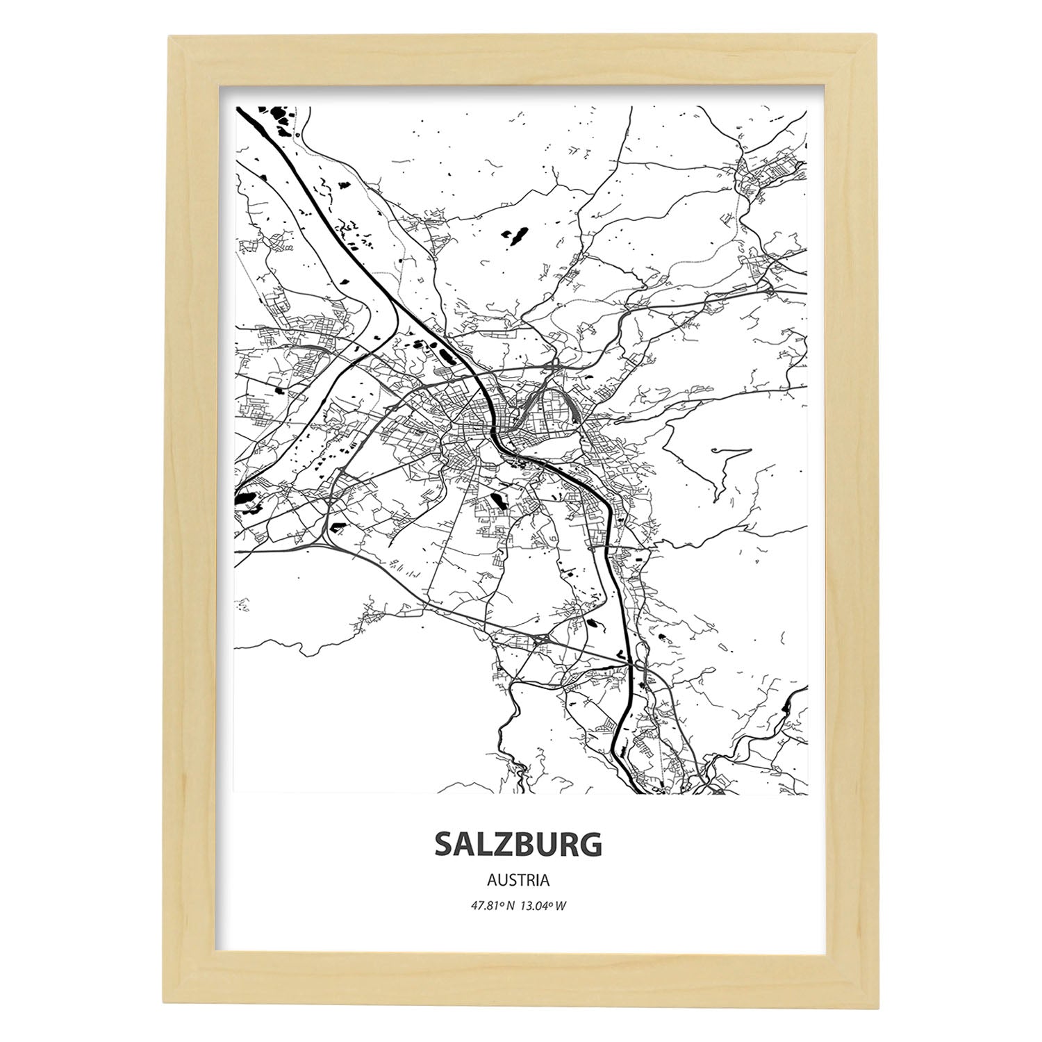 Poster con mapa de Salzburg - Austria. Láminas de ciudades de Europa con mares y ríos en color negro.-Artwork-Nacnic-A4-Marco Madera clara-Nacnic Estudio SL