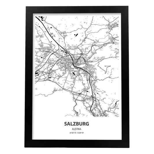 Poster con mapa de Salzburg - Austria. Láminas de ciudades de Europa con mares y ríos en color negro.-Artwork-Nacnic-A4-Marco Negro-Nacnic Estudio SL