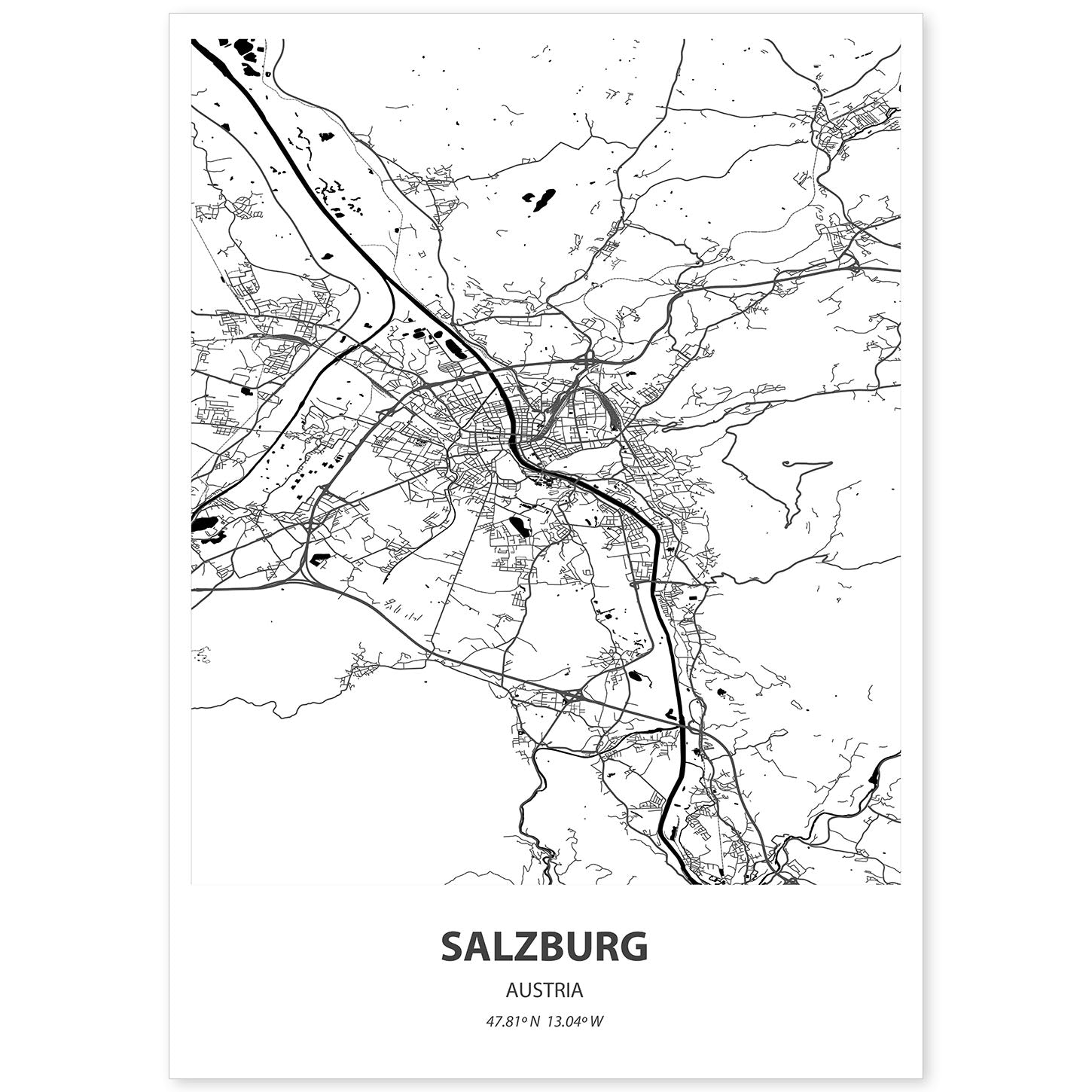 Poster con mapa de Salzburg - Austria. Láminas de ciudades de Europa con mares y ríos en color negro.-Artwork-Nacnic-A4-Sin marco-Nacnic Estudio SL