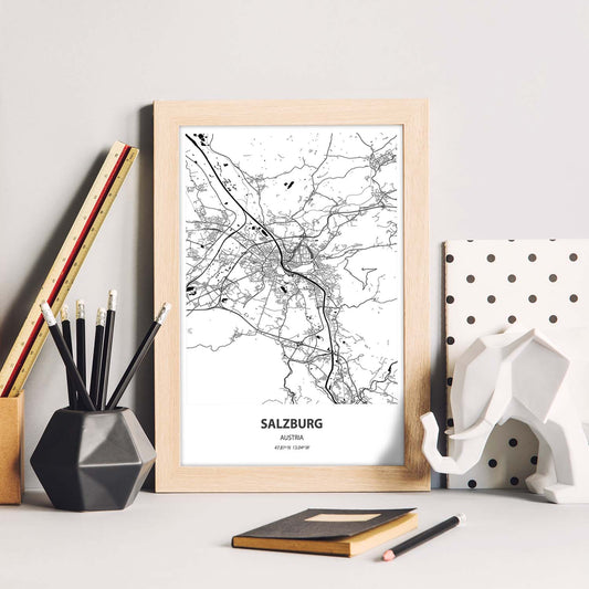 Poster con mapa de Salzburg - Austria. Láminas de ciudades de Europa con mares y ríos en color negro.-Artwork-Nacnic-Nacnic Estudio SL