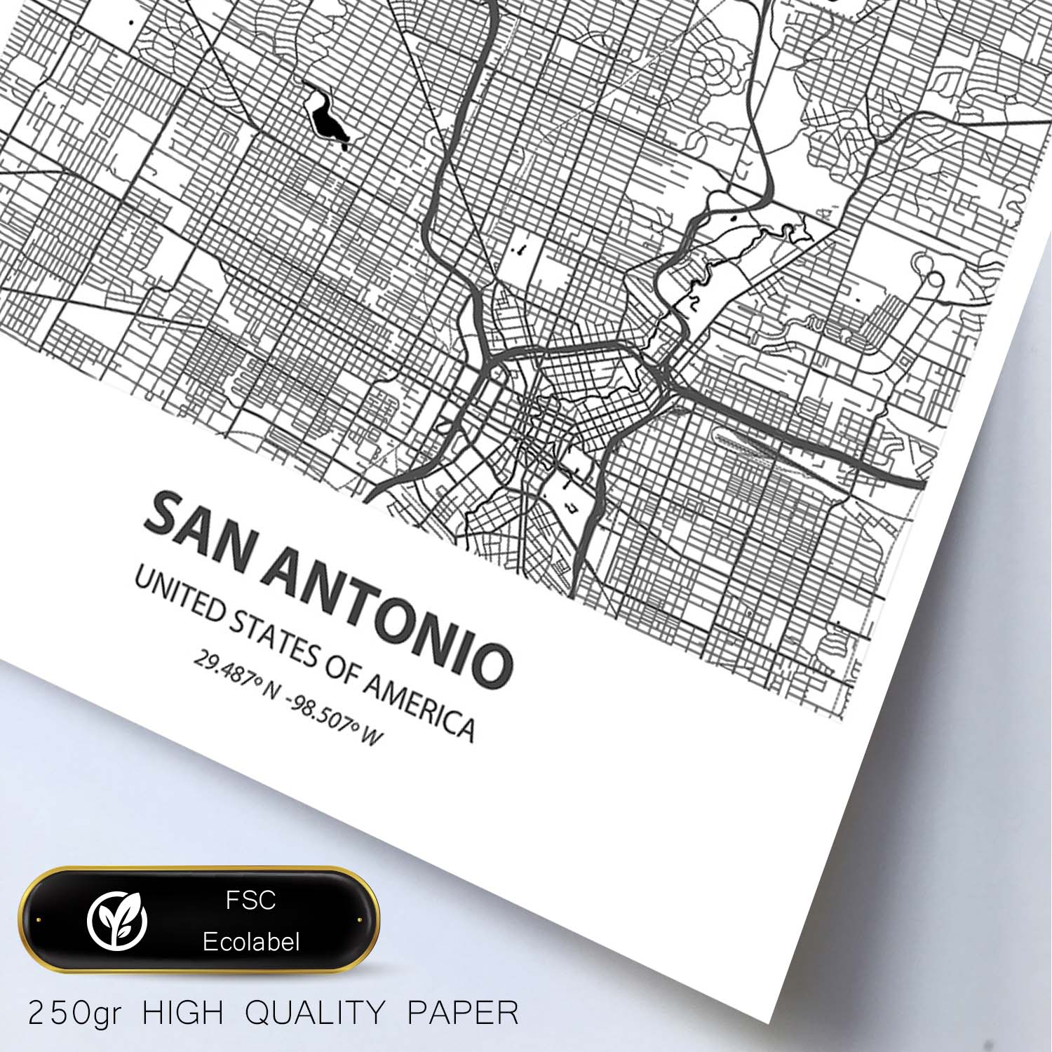 Poster con mapa de San Antonio - USA. Láminas de ciudades de Estados Unidos con mares y ríos en color negro.-Artwork-Nacnic-Nacnic Estudio SL