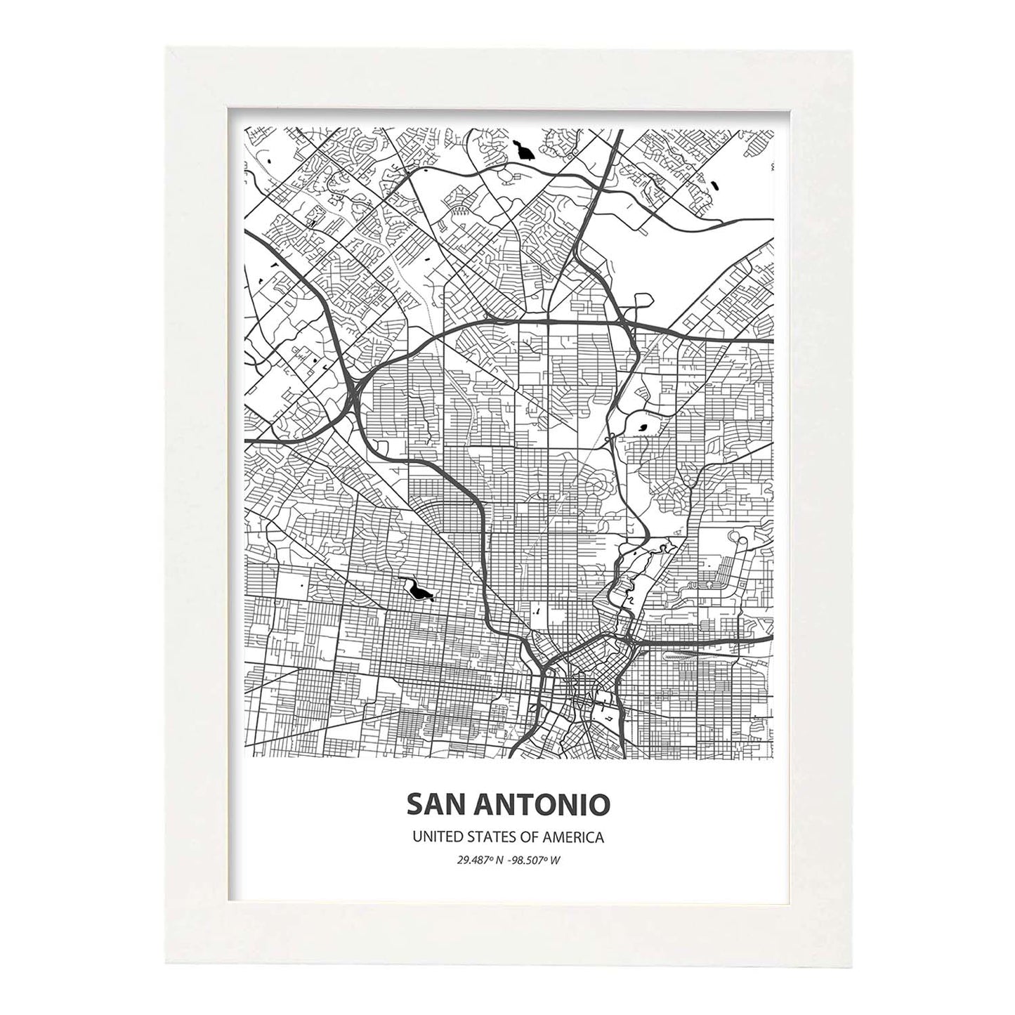 Poster con mapa de San Antonio - USA. Láminas de ciudades de Estados Unidos con mares y ríos en color negro.-Artwork-Nacnic-A3-Marco Blanco-Nacnic Estudio SL