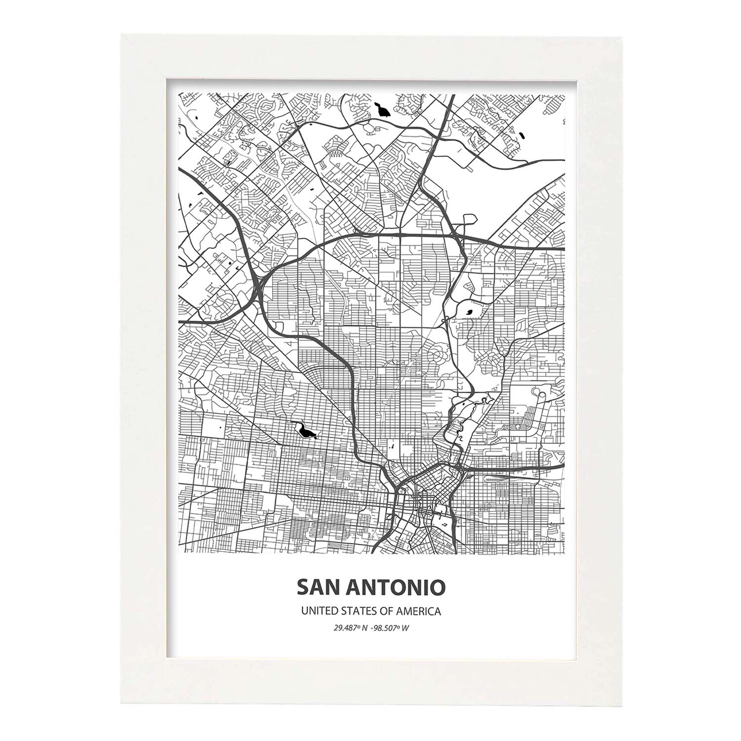 Poster con mapa de San Antonio - USA. Láminas de ciudades de Estados Unidos con mares y ríos en color negro.-Artwork-Nacnic-A3-Marco Blanco-Nacnic Estudio SL